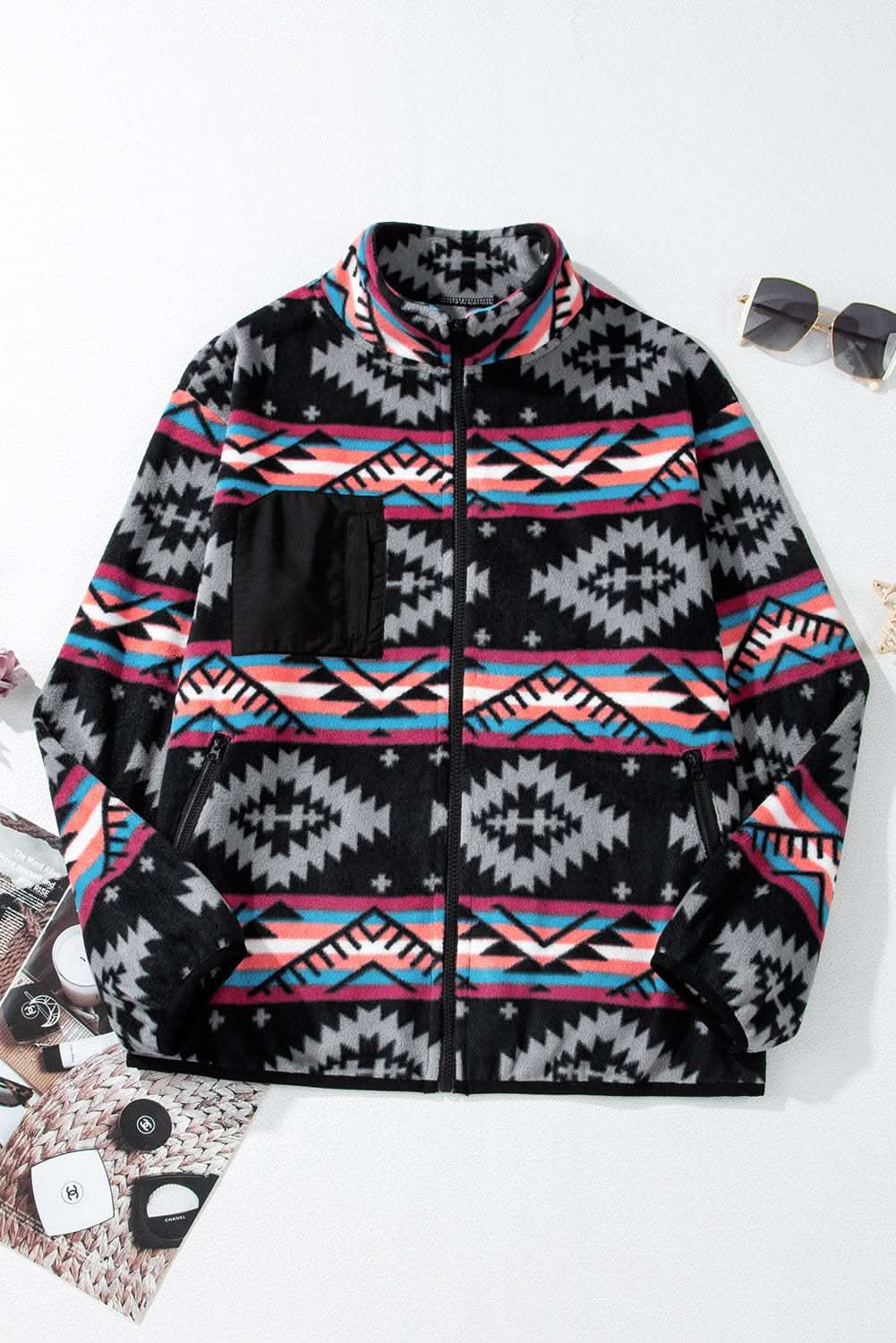 Boho black aztec zip collar jacket - Love Salve 