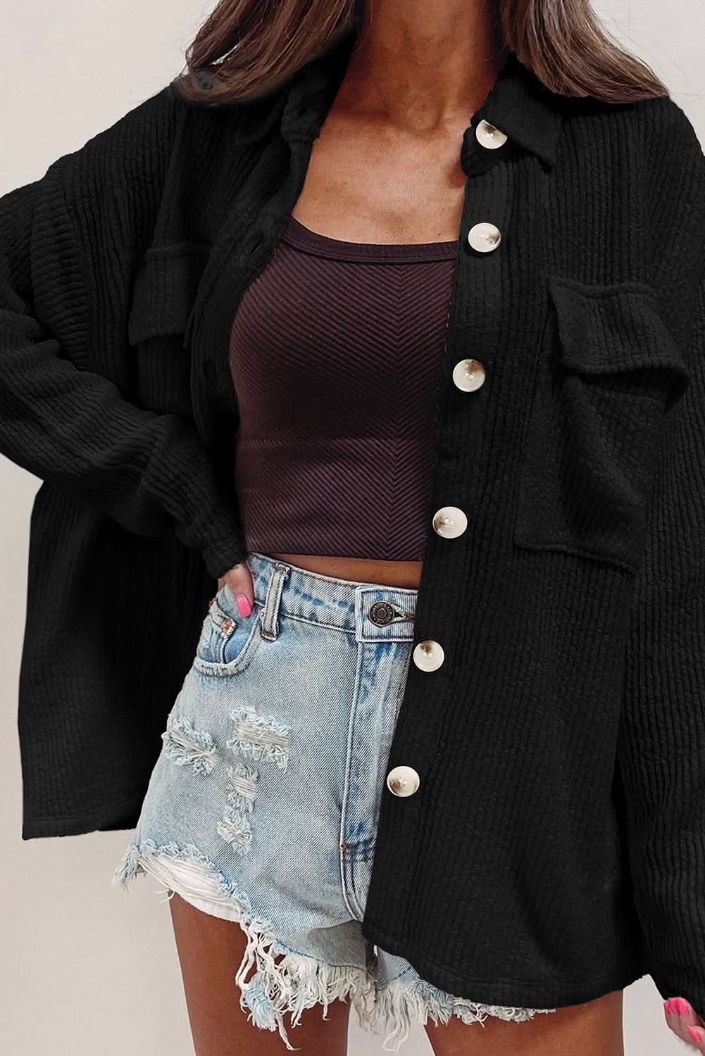 Chic black corduroy shacket with pockets - Love Salve 