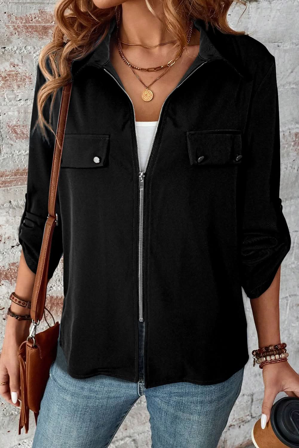 Sleek black zip-up jacket with tab sleeves - Love Salve 