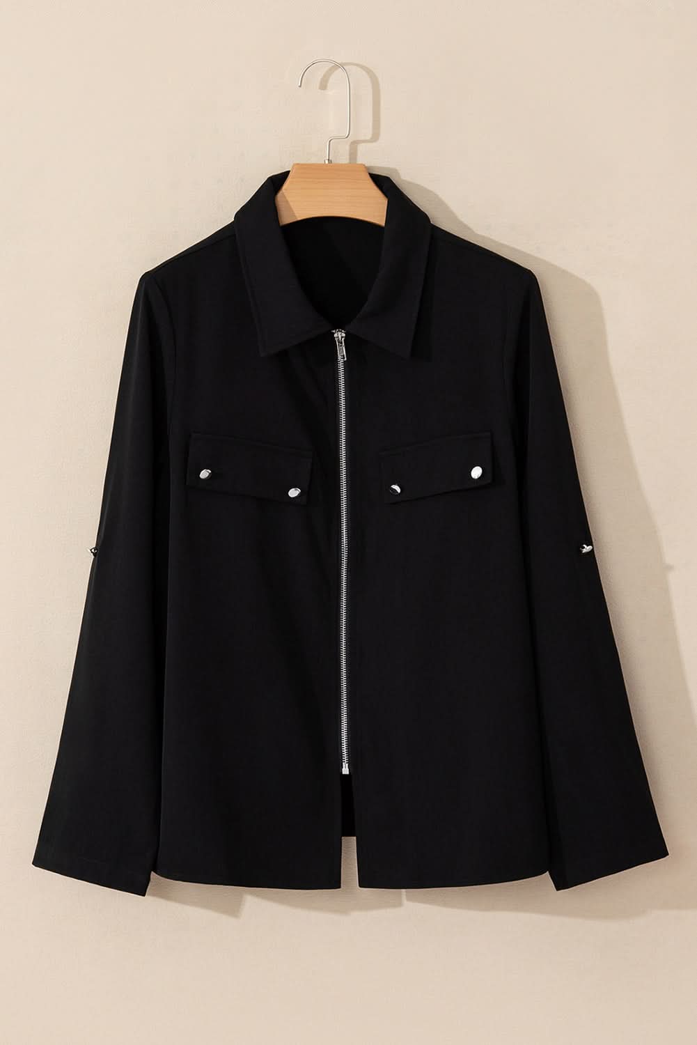 Sleek black zip-up jacket with tab sleeves - Love Salve 
