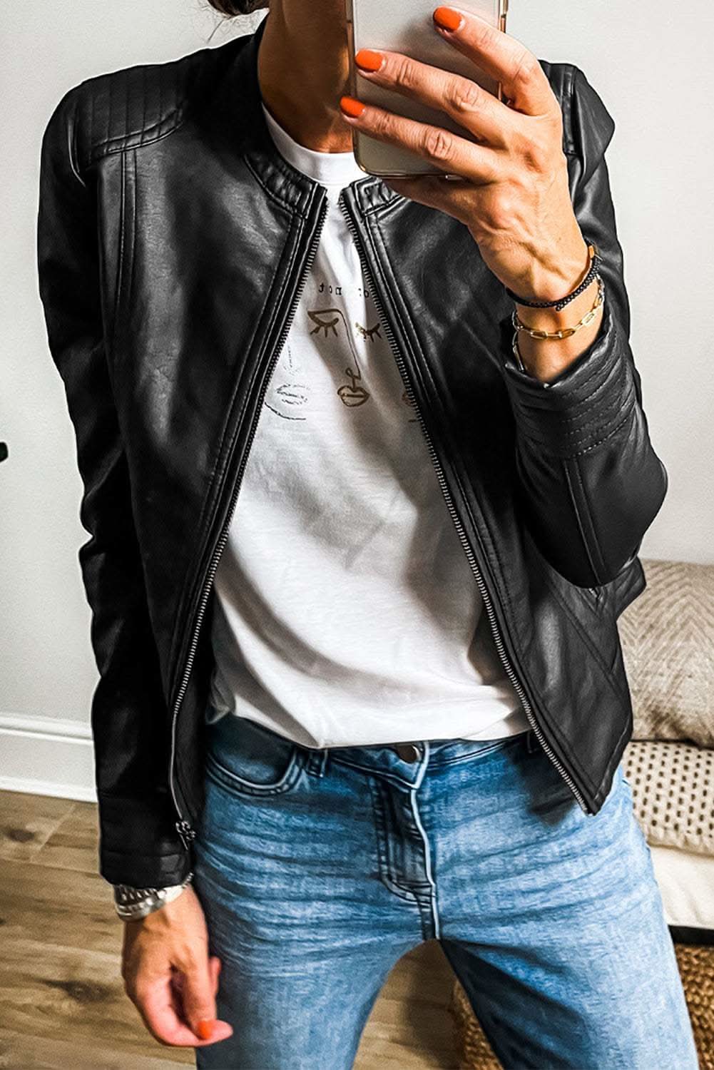 Sleek black faux leather bomber jacket - Love Salve 