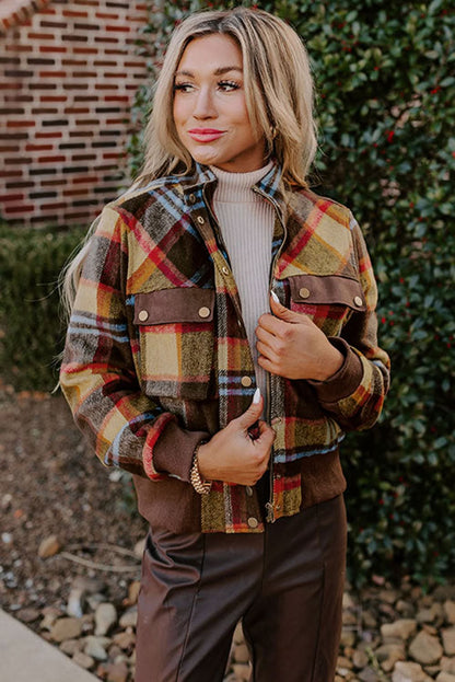 Brown Plaid Jacket with Pockets - Love Salve 