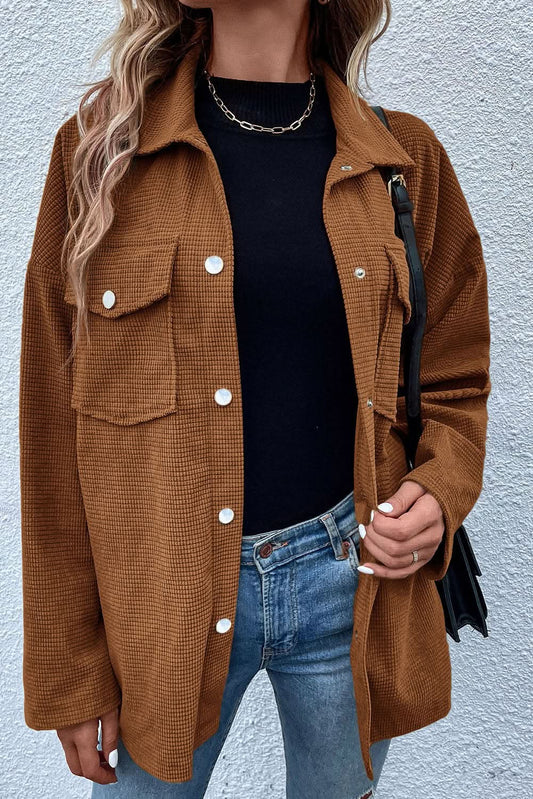 Brown textured shacket with pockets - Love Salve 