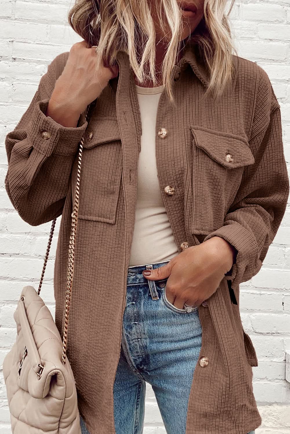 Cozy chestnut corduroy shacket - Love Salve 