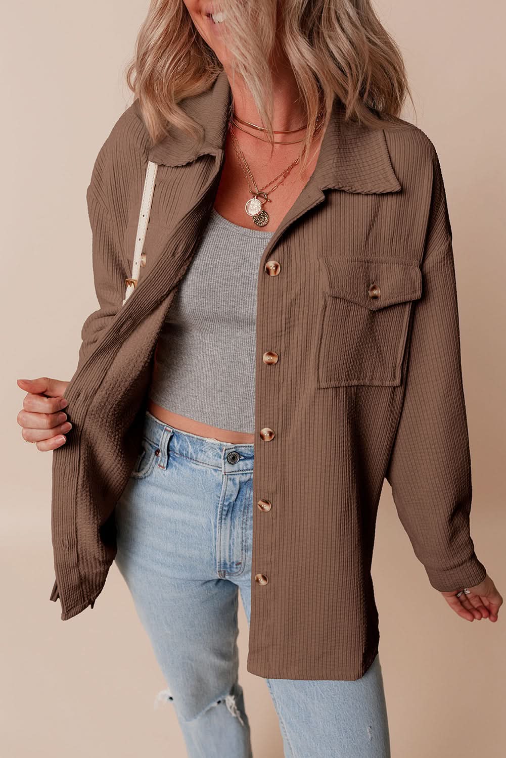 Cozy chestnut corduroy shacket - Love Salve 