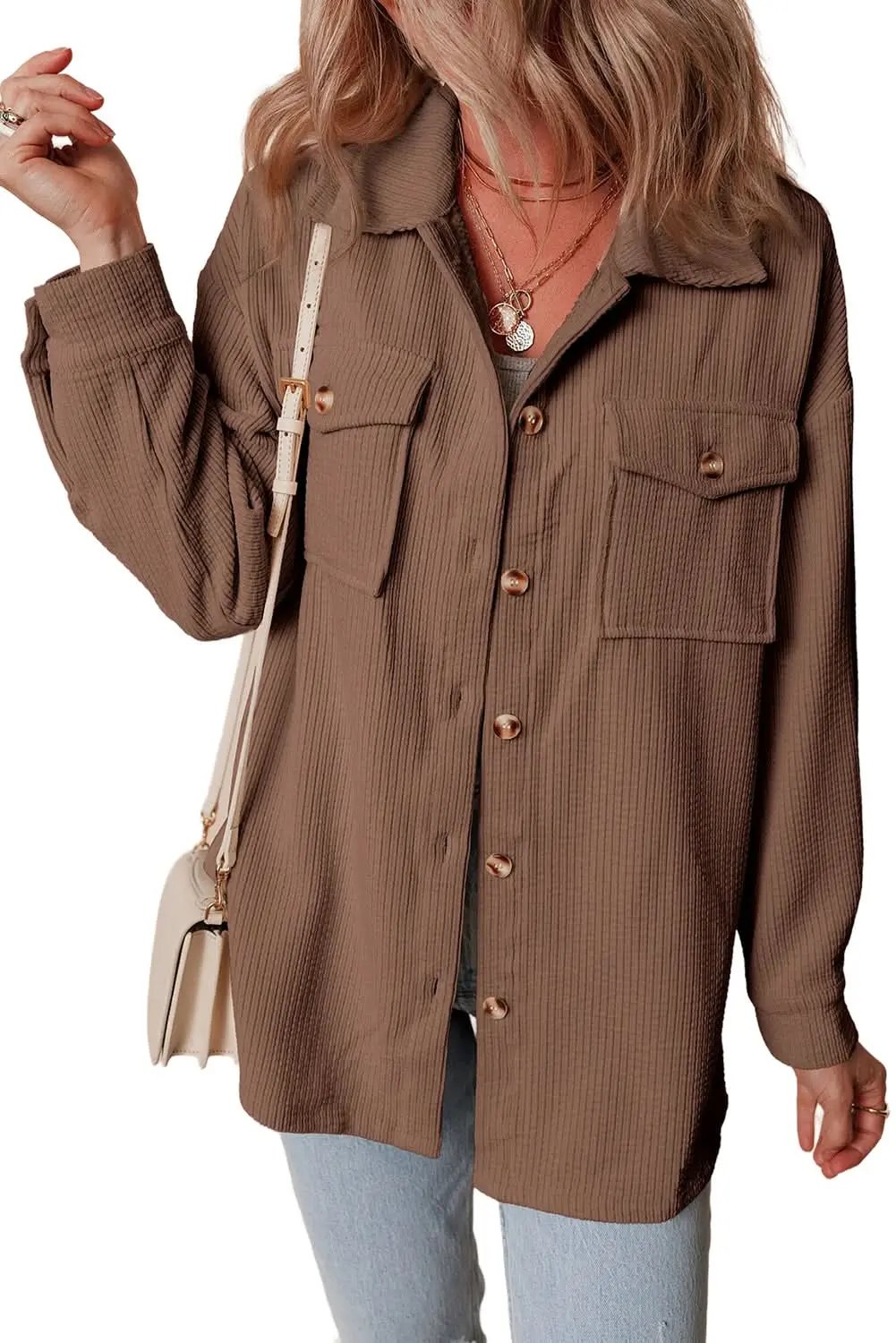 Cozy chestnut corduroy shacket - Love Salve 