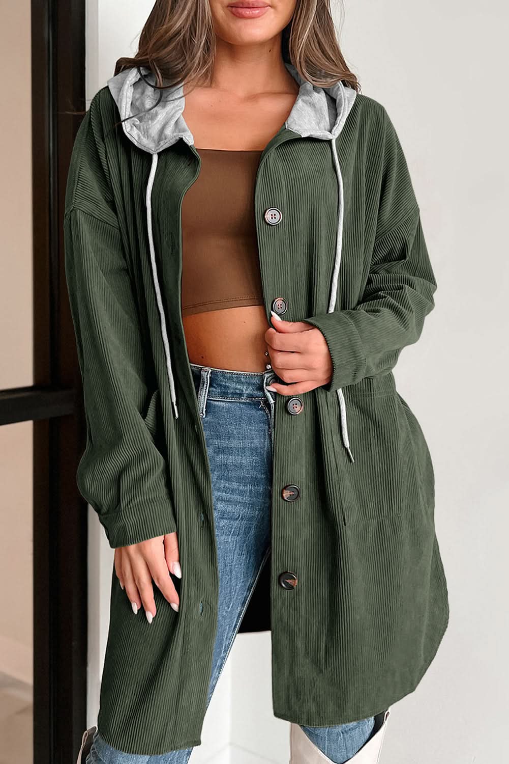 Jungle Green Corduroy Hooded Shacket - Love Salve 