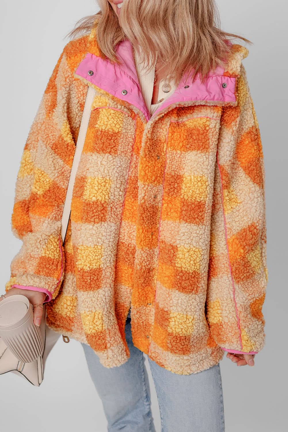 Cozy orange checkered sherpa jacket - Love Salve 