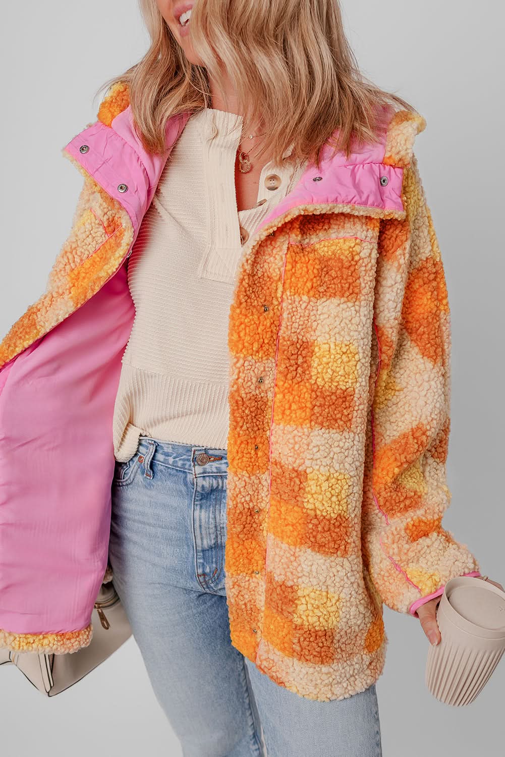 Cozy orange checkered sherpa jacket - Love Salve 