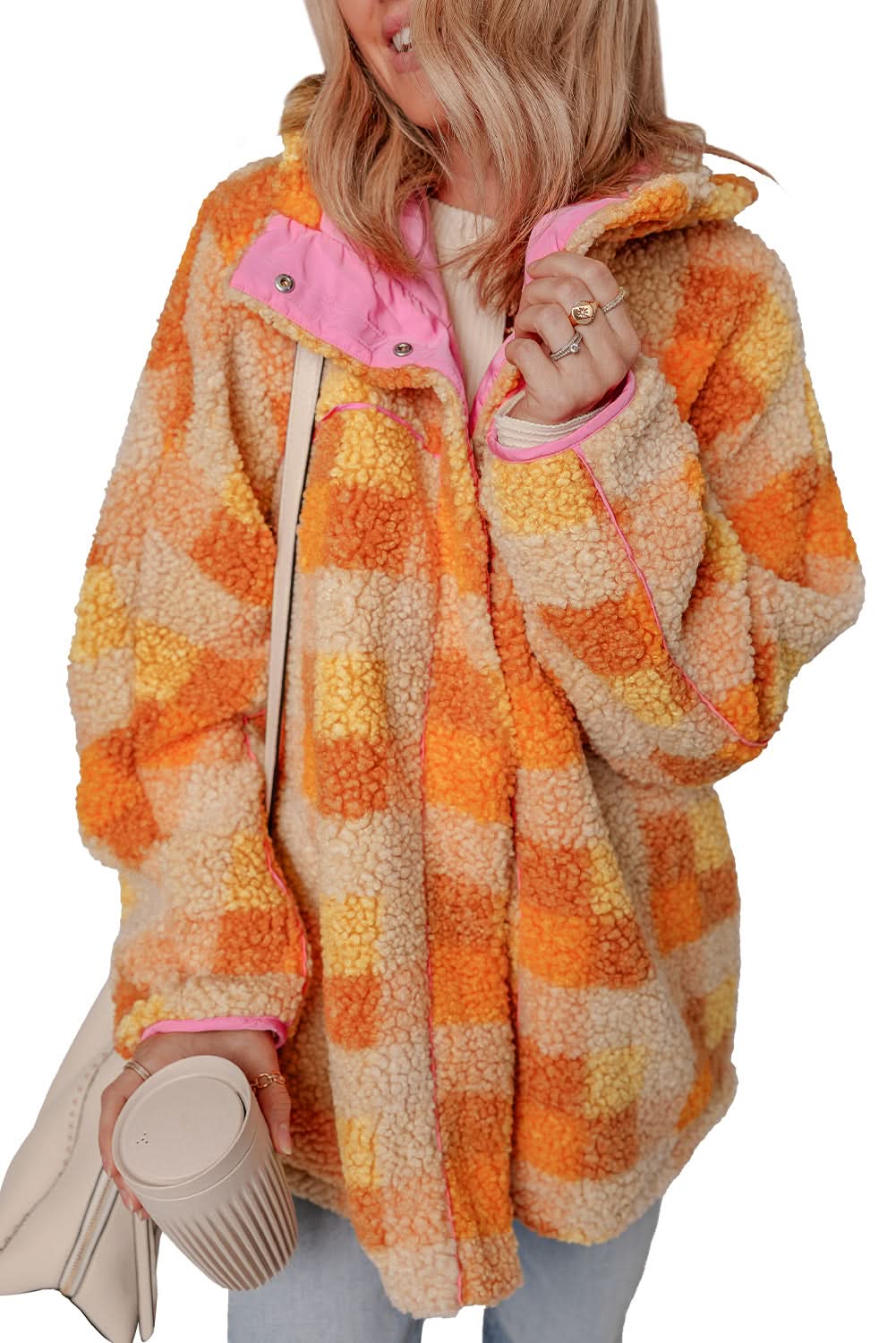 Cozy orange checkered sherpa jacket - Love Salve 