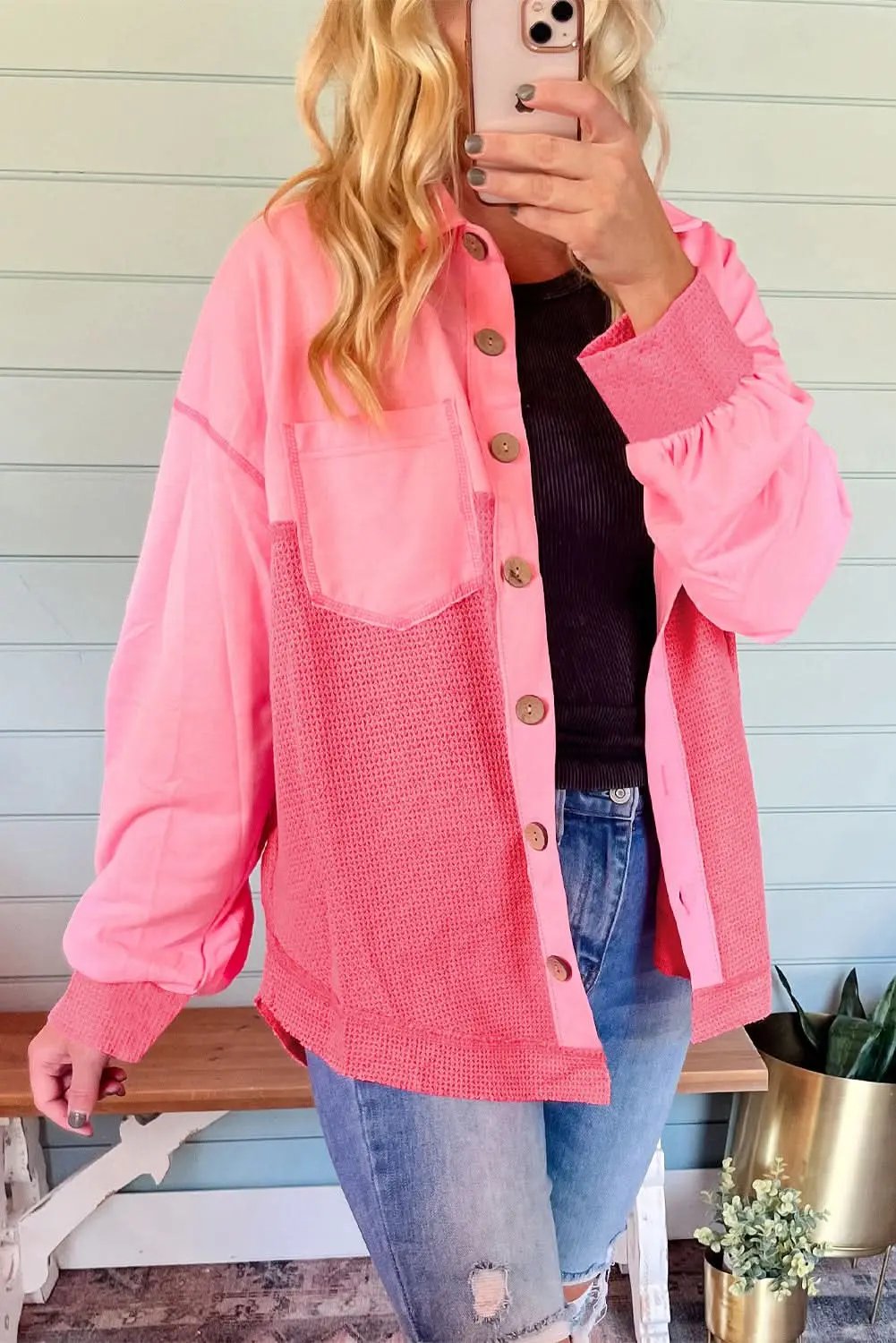 Peach Blossom Waffle Knit Shacket - Love Salve 
