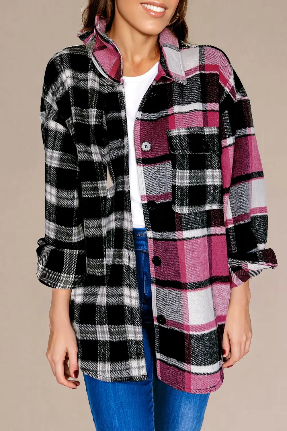 Colorful plaid block shacket with pockets - Love Salve 