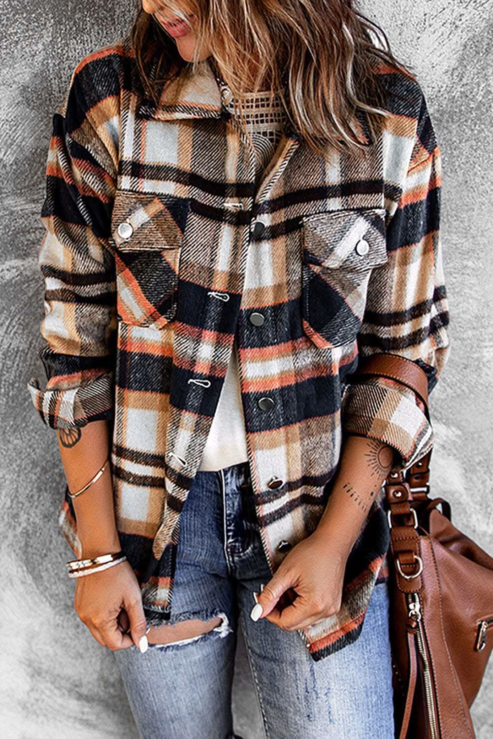 Geometric Plaid Print Pocketed Shacket - Love Salve 