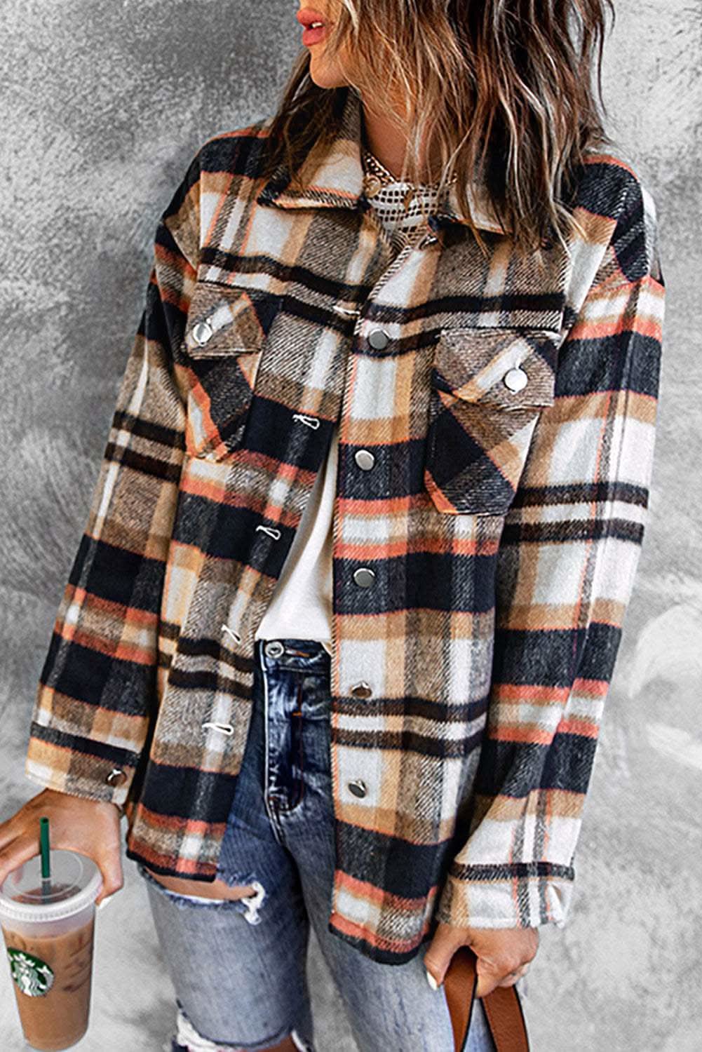 Geometric Plaid Print Pocketed Shacket - Love Salve 
