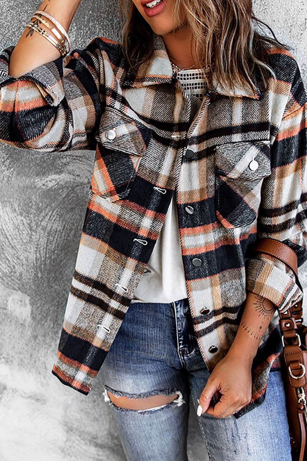Geometric Plaid Print Pocketed Shacket - Love Salve 