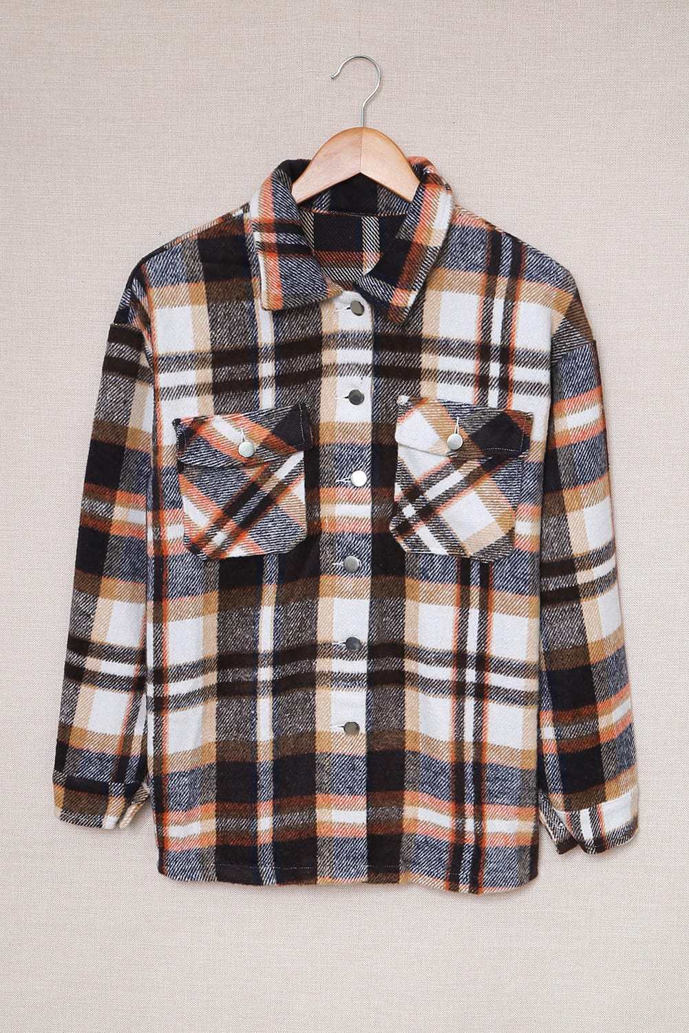 Geometric Plaid Print Pocketed Shacket - Love Salve 