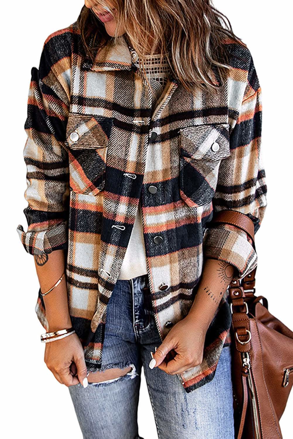 Geometric Plaid Print Pocketed Shacket - Love Salve 
