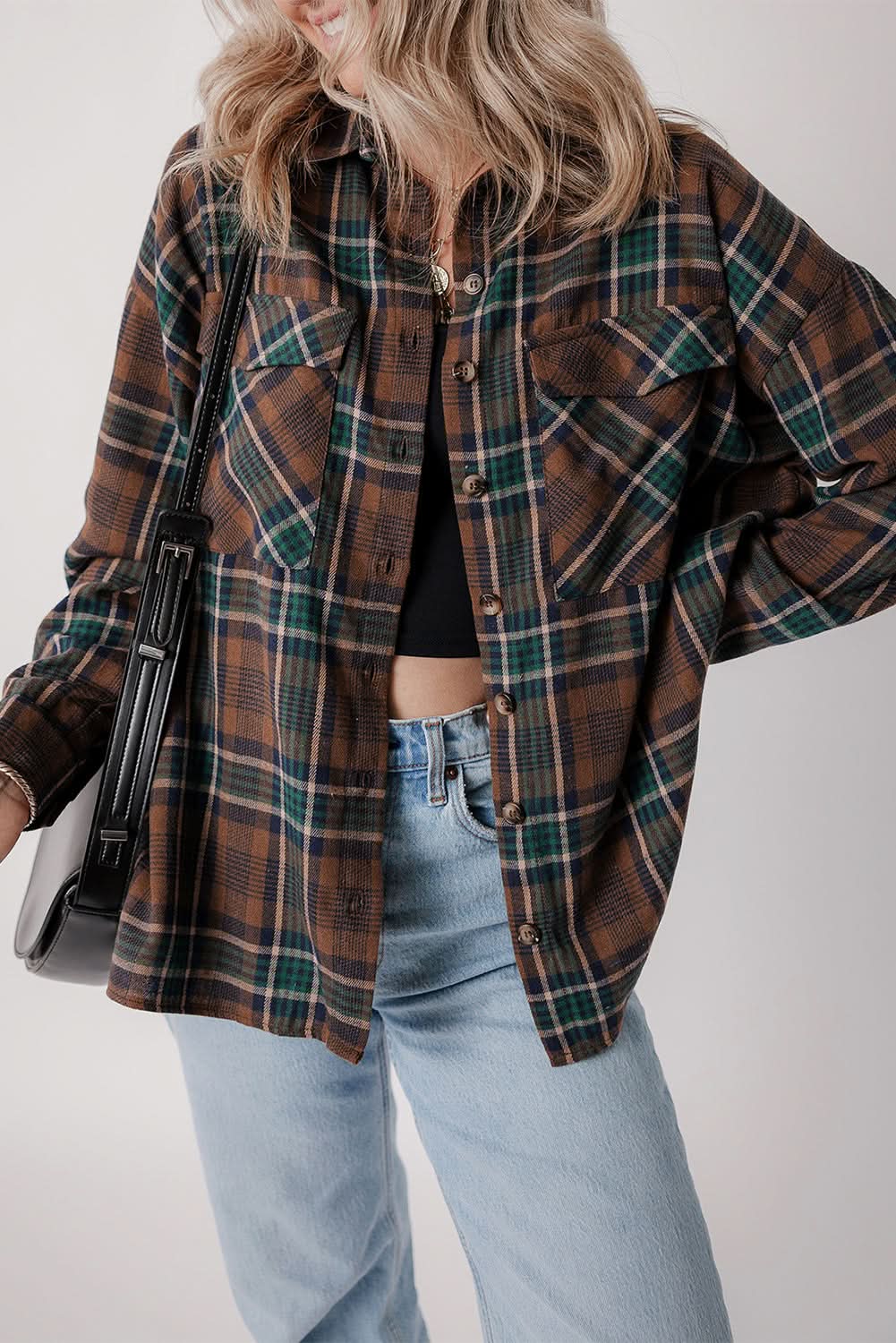 Brown plaid shacket with pockets - Love Salve 
