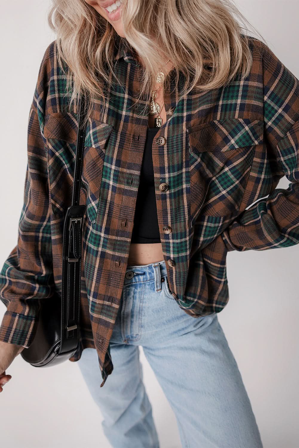 Brown plaid shacket with pockets - Love Salve 