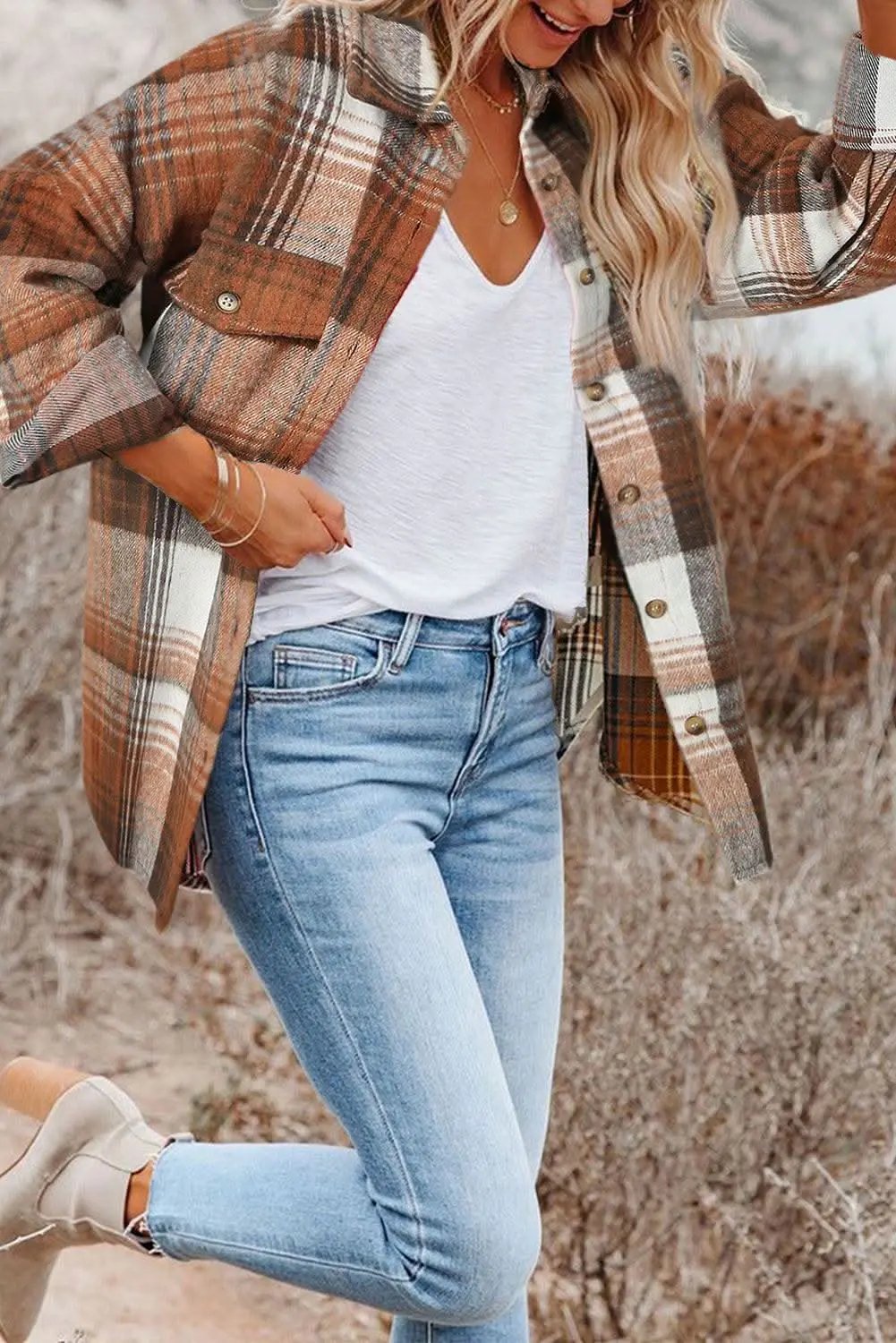 Brown Plaid Flap Pockets Shacket - Love Salve 