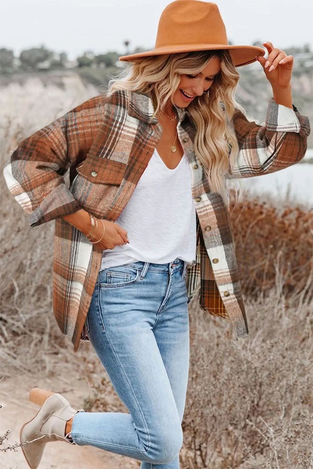 Brown Plaid Flap Pockets Shacket - Love Salve 