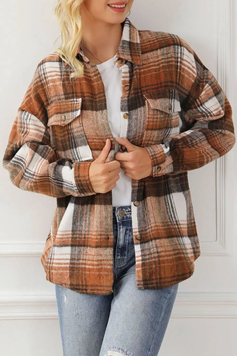 Brown Plaid Flap Pockets Shacket - Love Salve 