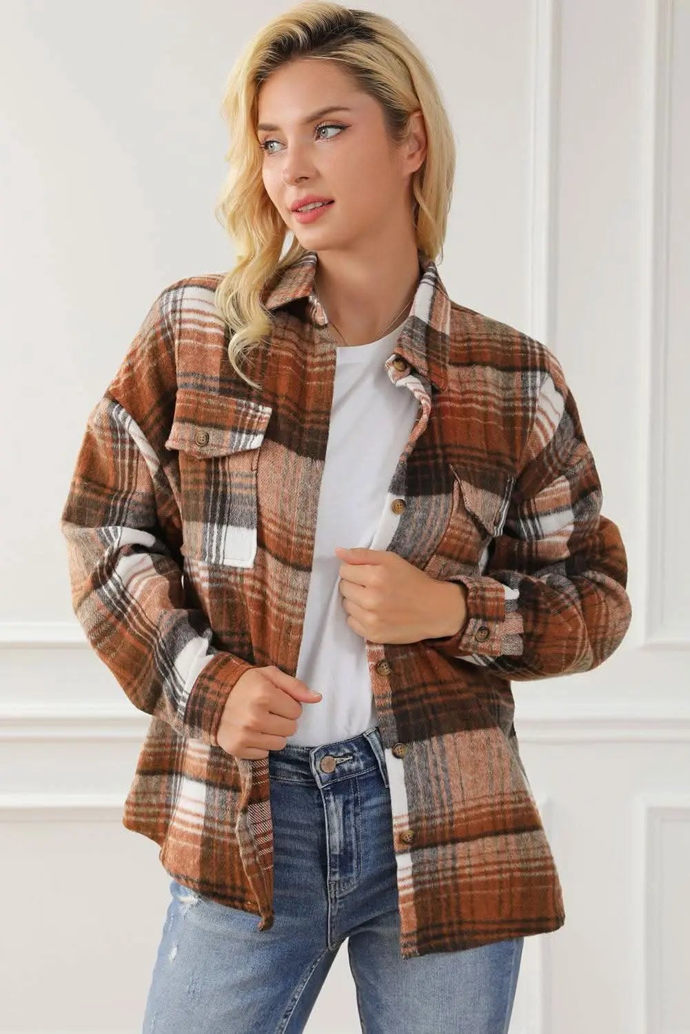 Brown Plaid Flap Pockets Shacket - Love Salve 
