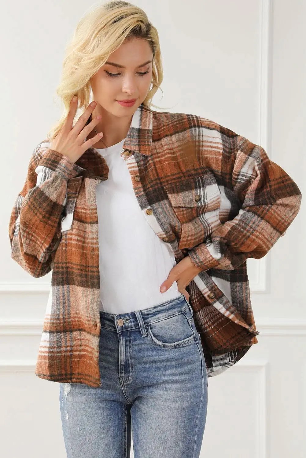 Brown Plaid Flap Pockets Shacket - Love Salve 