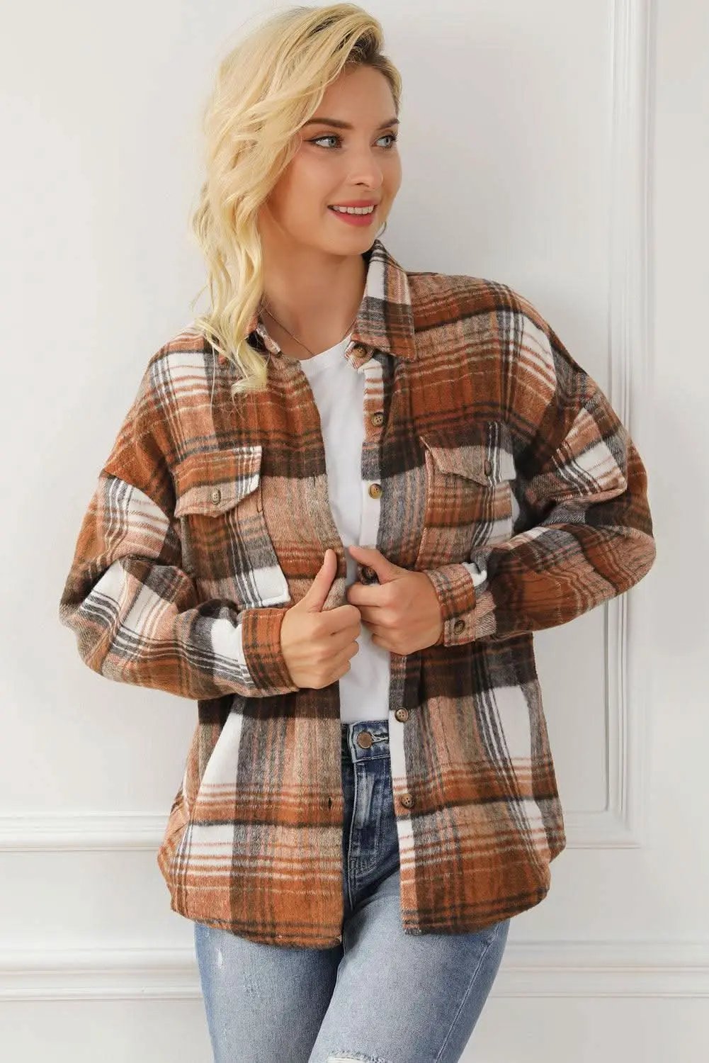 Brown Plaid Flap Pockets Shacket - Love Salve 