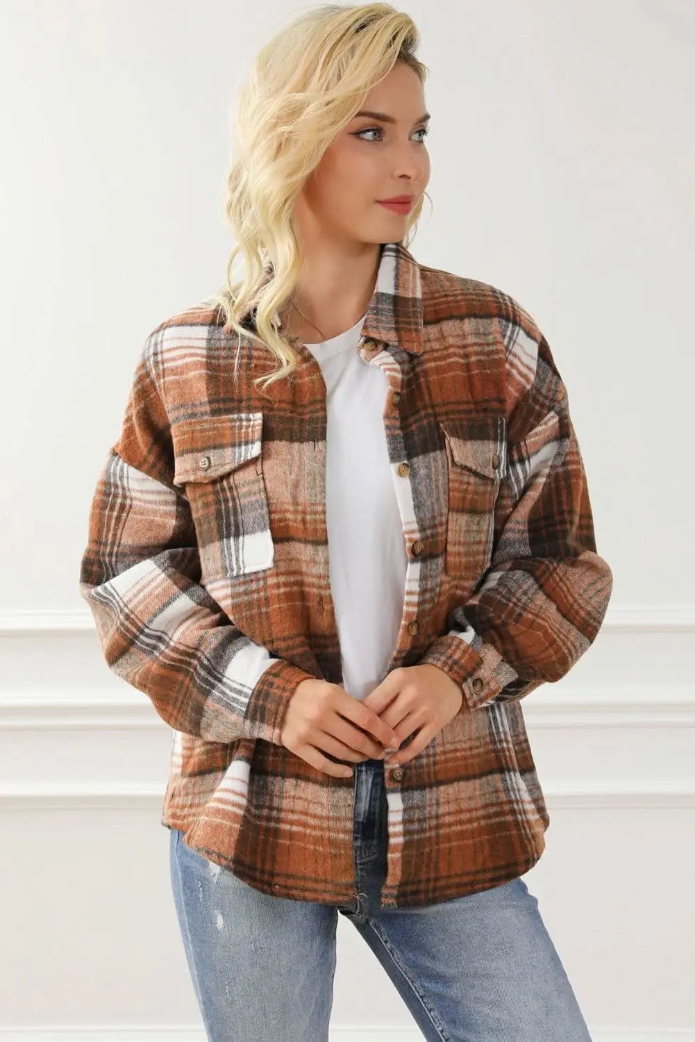 Brown Plaid Flap Pockets Shacket - Love Salve 