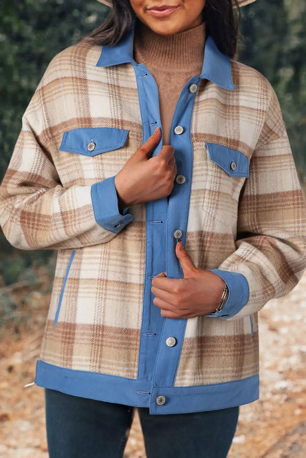 Light beige plaid patchwork shacket - Love Salve 