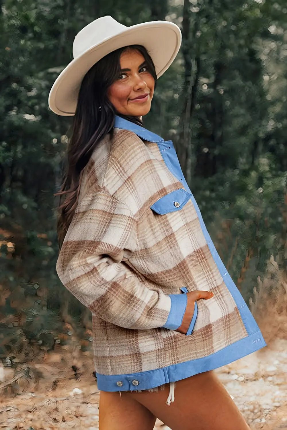 Light beige plaid patchwork shacket - Love Salve 