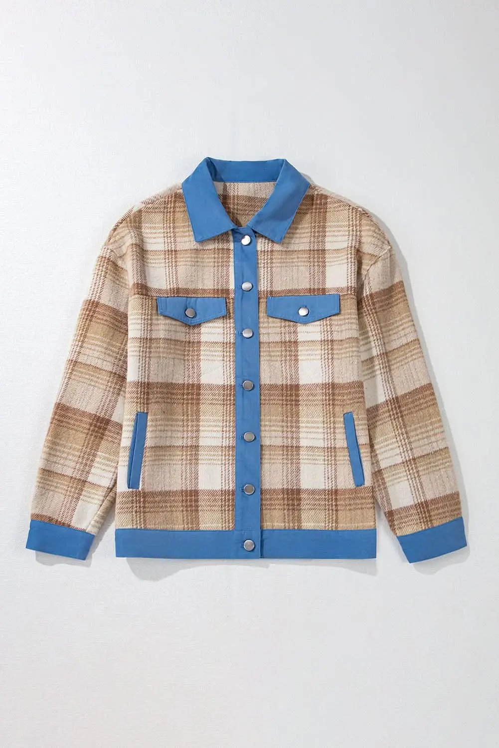 Light beige plaid patchwork shacket - Love Salve 