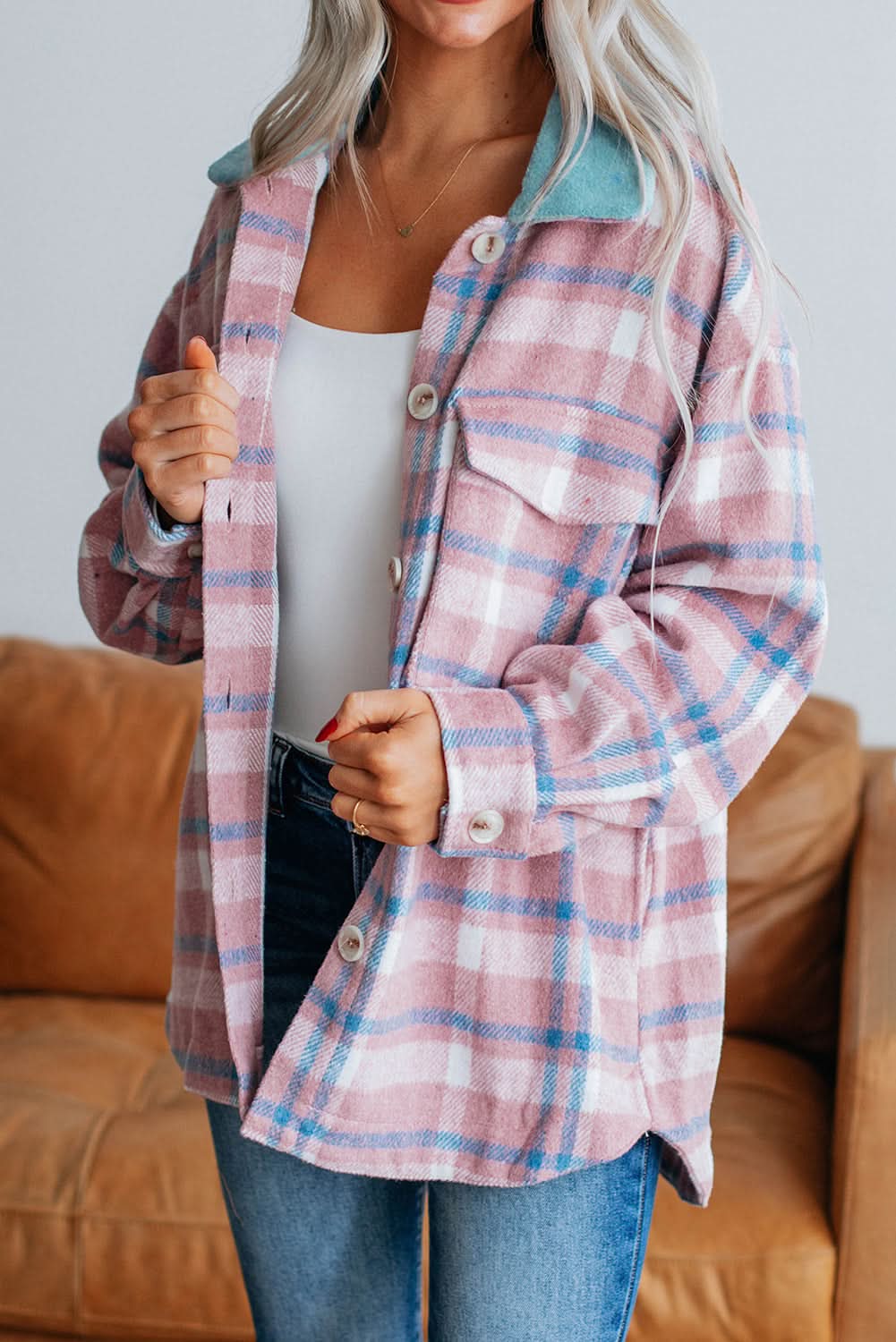 Pink plaid color block shacket - Love Salve 