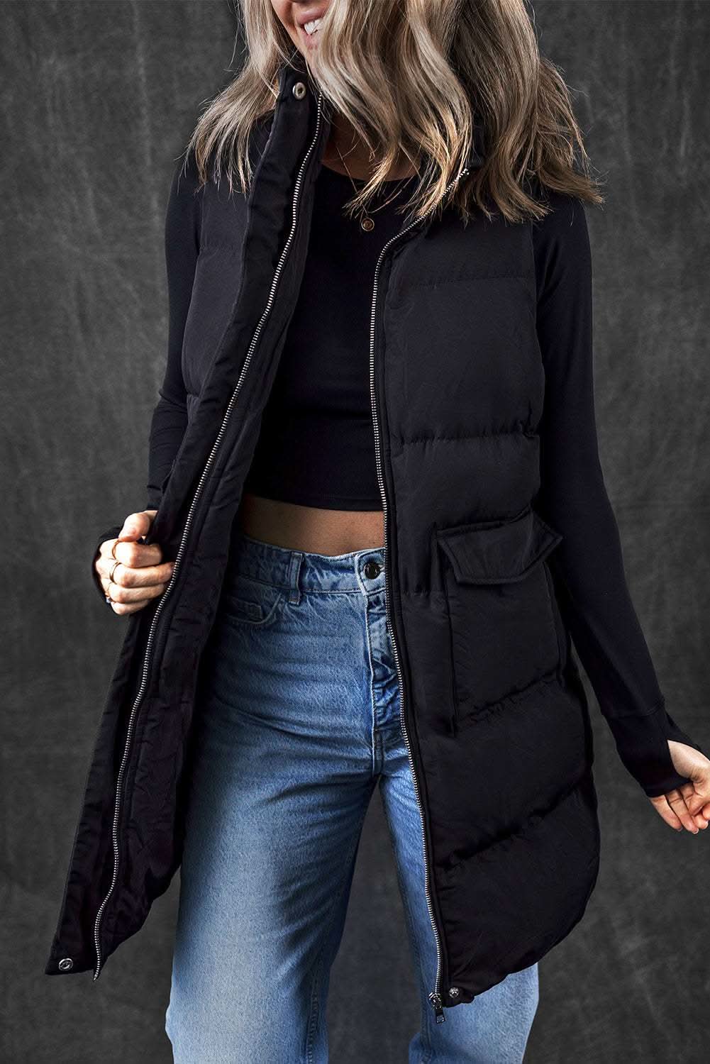 Black longline windproof vest - Love Salve 