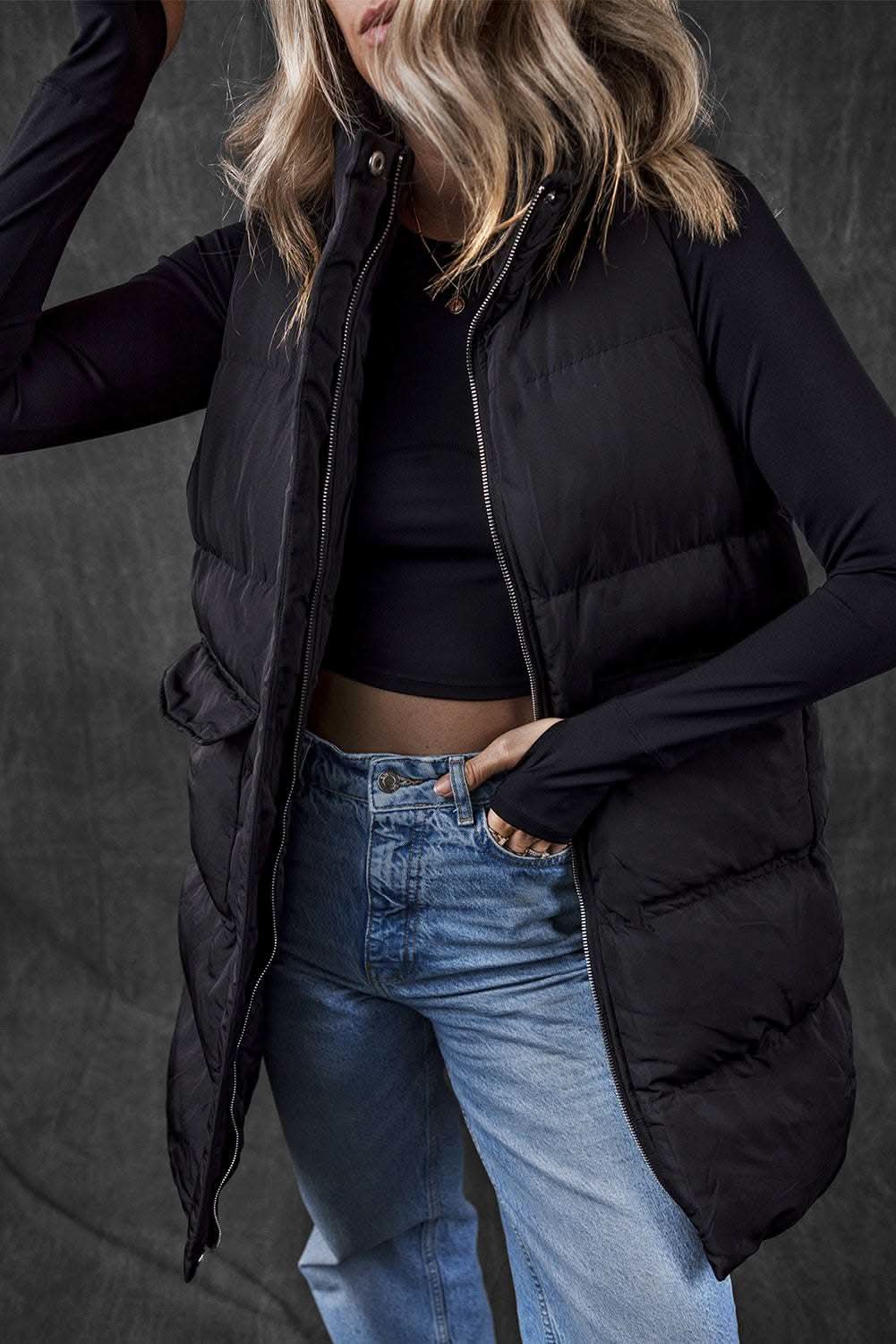Black longline windproof vest - Love Salve 