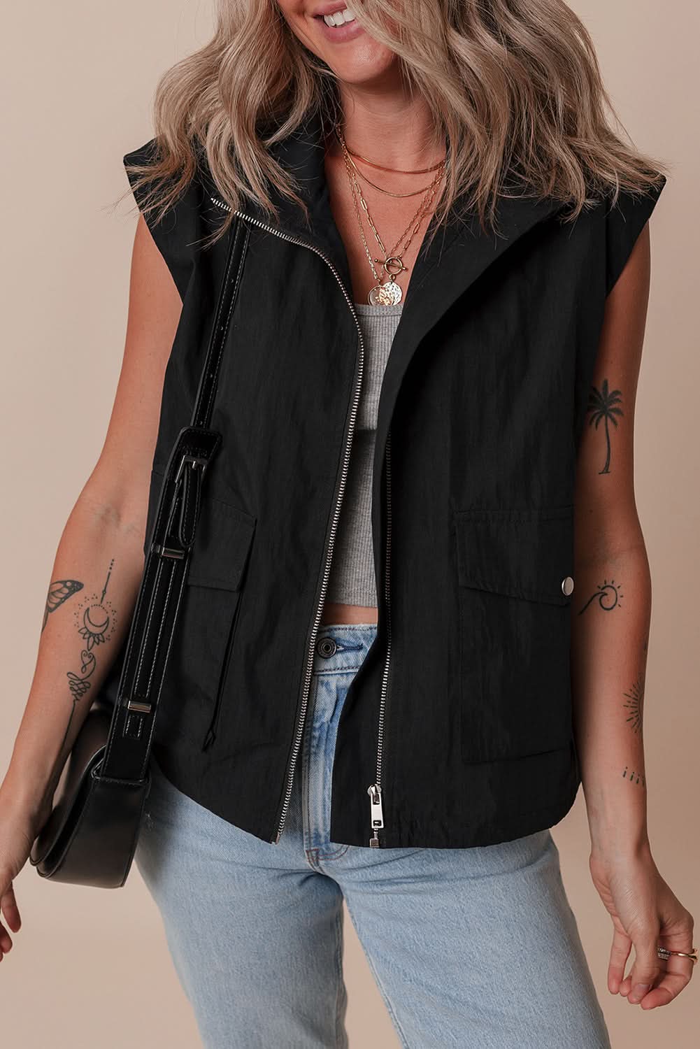 Chic black zip-up high neck vest - Love Salve 