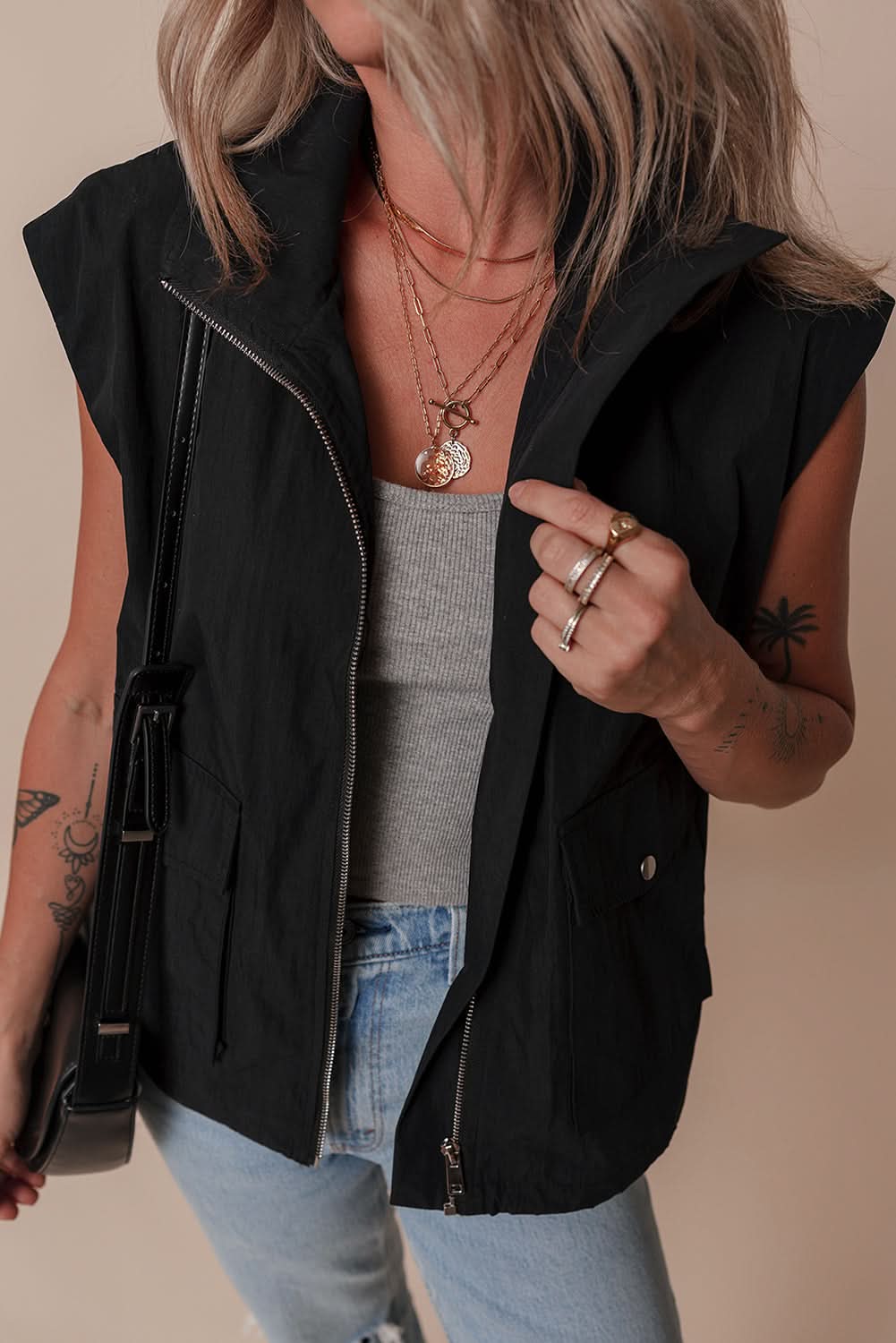 Chic black zip-up high neck vest - Love Salve 