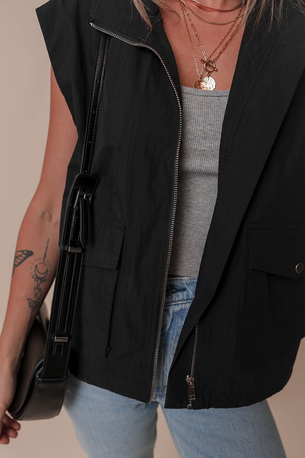 Chic black zip-up high neck vest - Love Salve 