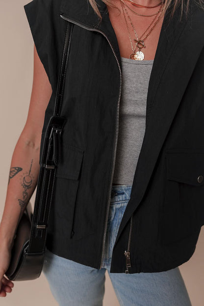Chic black zip-up high neck vest - Love Salve 