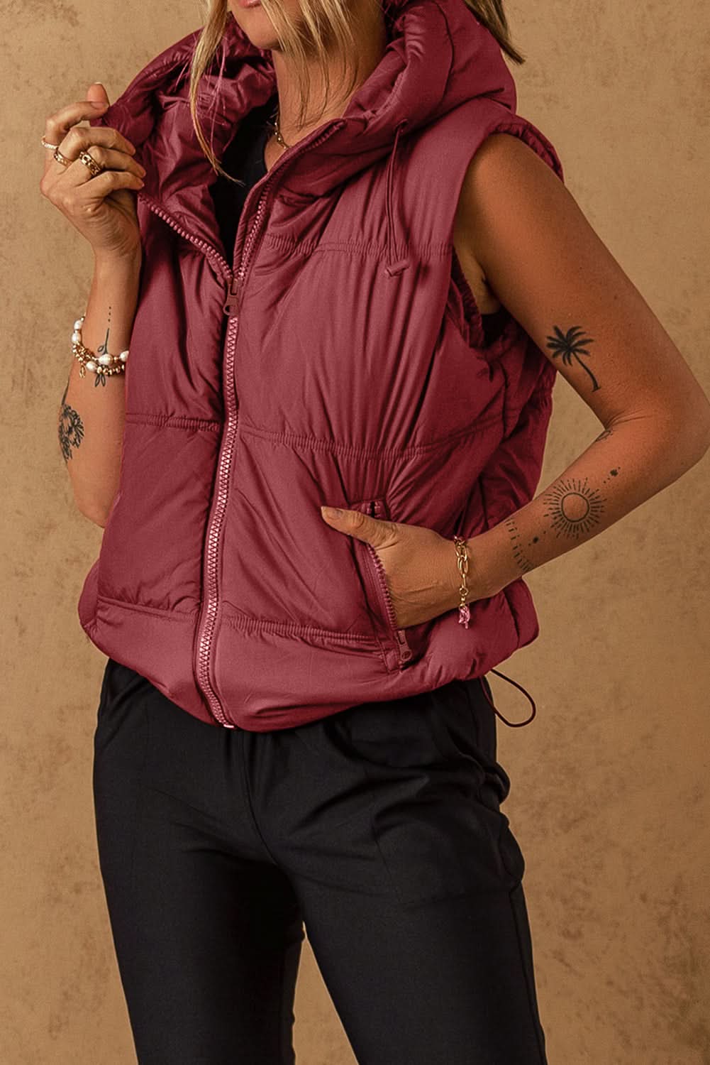 Clay hooded puffer vest with pockets - Love Salve 