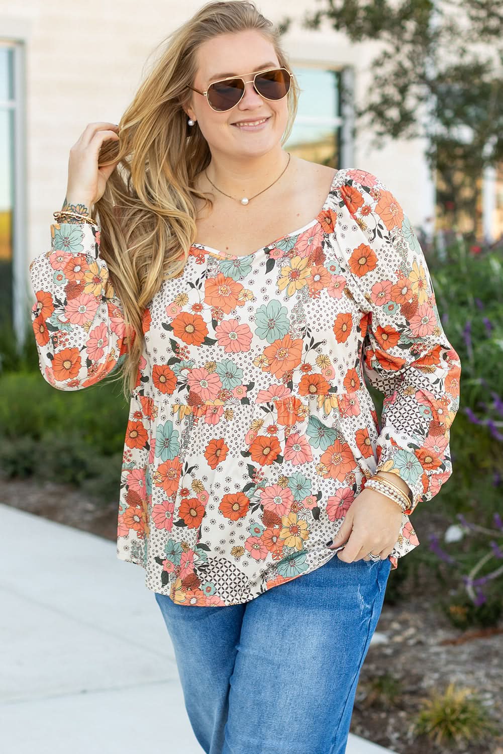 Khaki floral plus size peplum blouse - Love Salve 