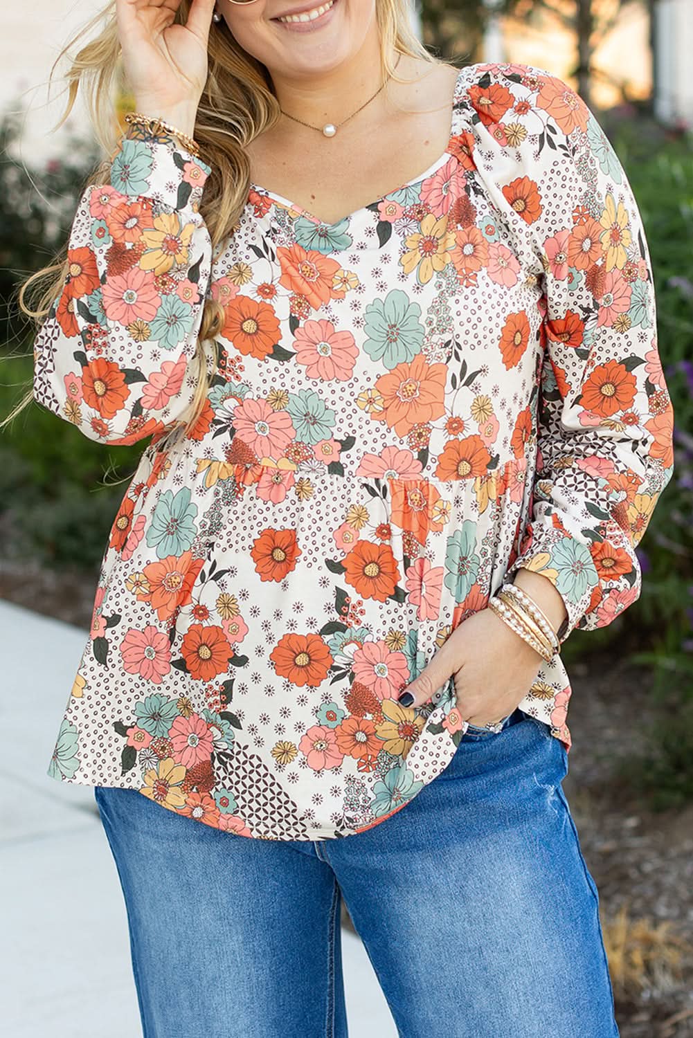 Khaki floral plus size peplum blouse - Love Salve 