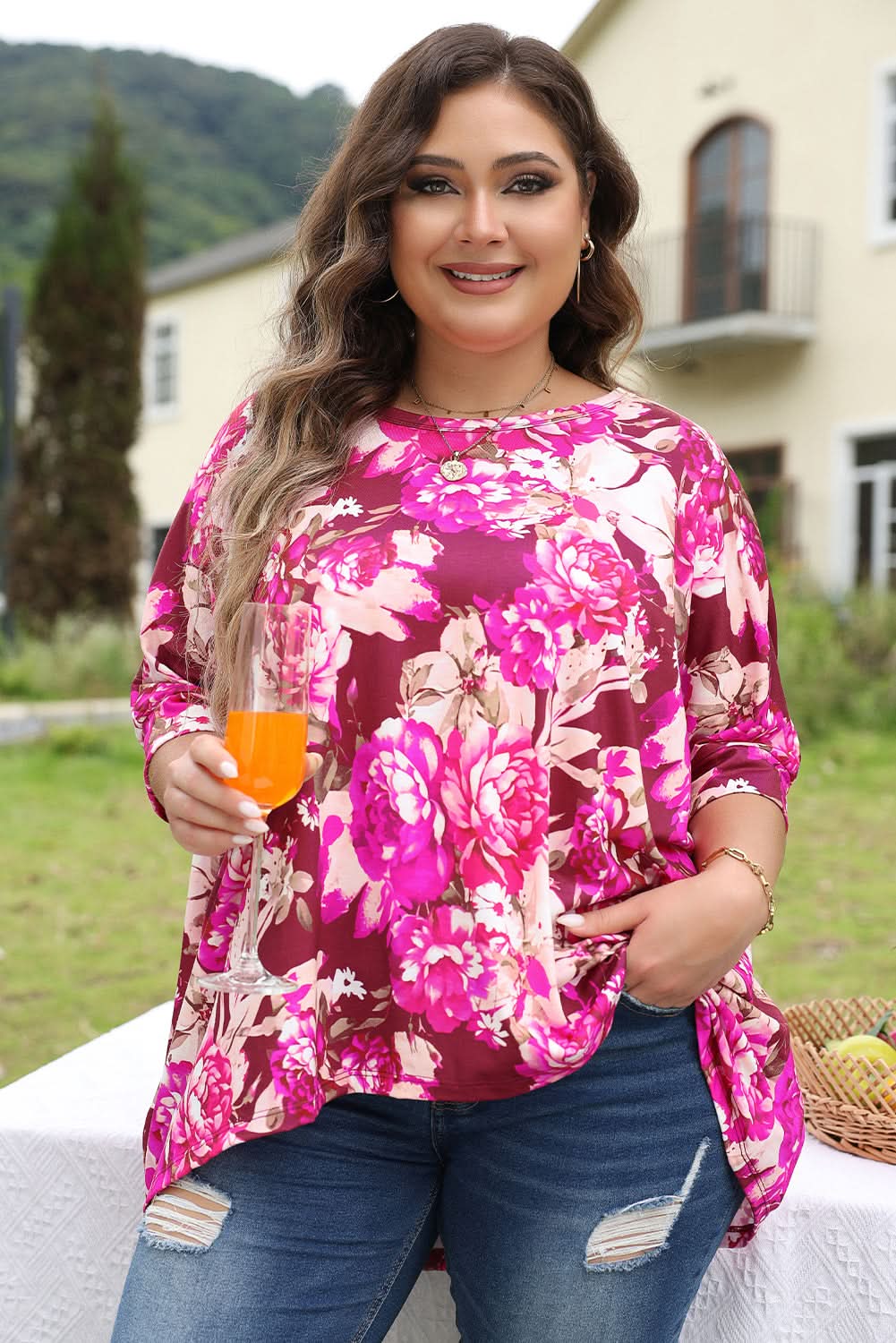 Vibrant red floral plus size blouse - Love Salve 