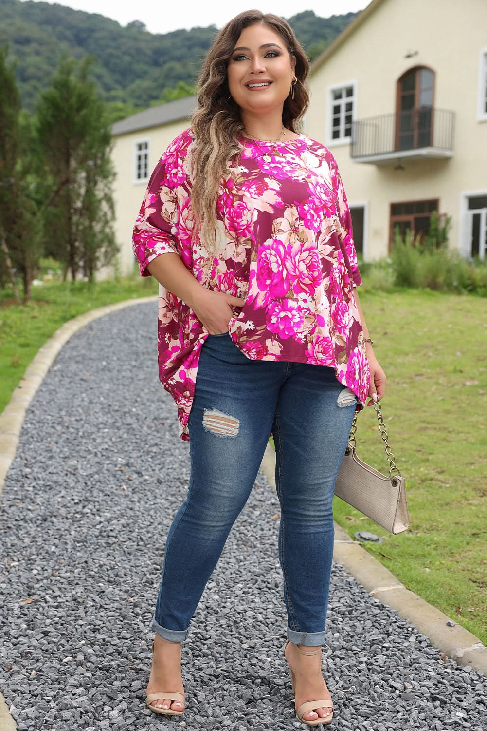Vibrant red floral plus size blouse - Love Salve 
