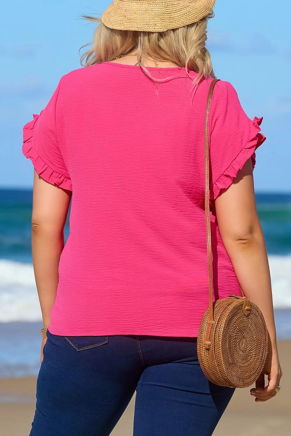 Bright Pink Ruffled Short Sleeve Plus Size Top - Love Salve 