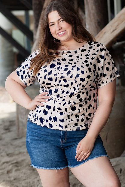Khaki Leopard Print Twist Open Back Plus Size Top - Love Salve 
