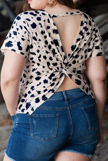 Khaki Leopard Print Twist Open Back Plus Size Top - Love Salve 