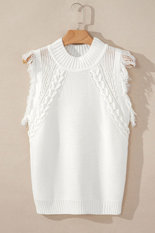 White Woven Tasseled Sleeveless Mock Neck Sweater Vest - Love Salve 