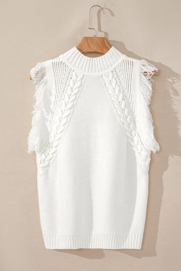 White Woven Tasseled Sleeveless Mock Neck Sweater Vest - Love Salve 